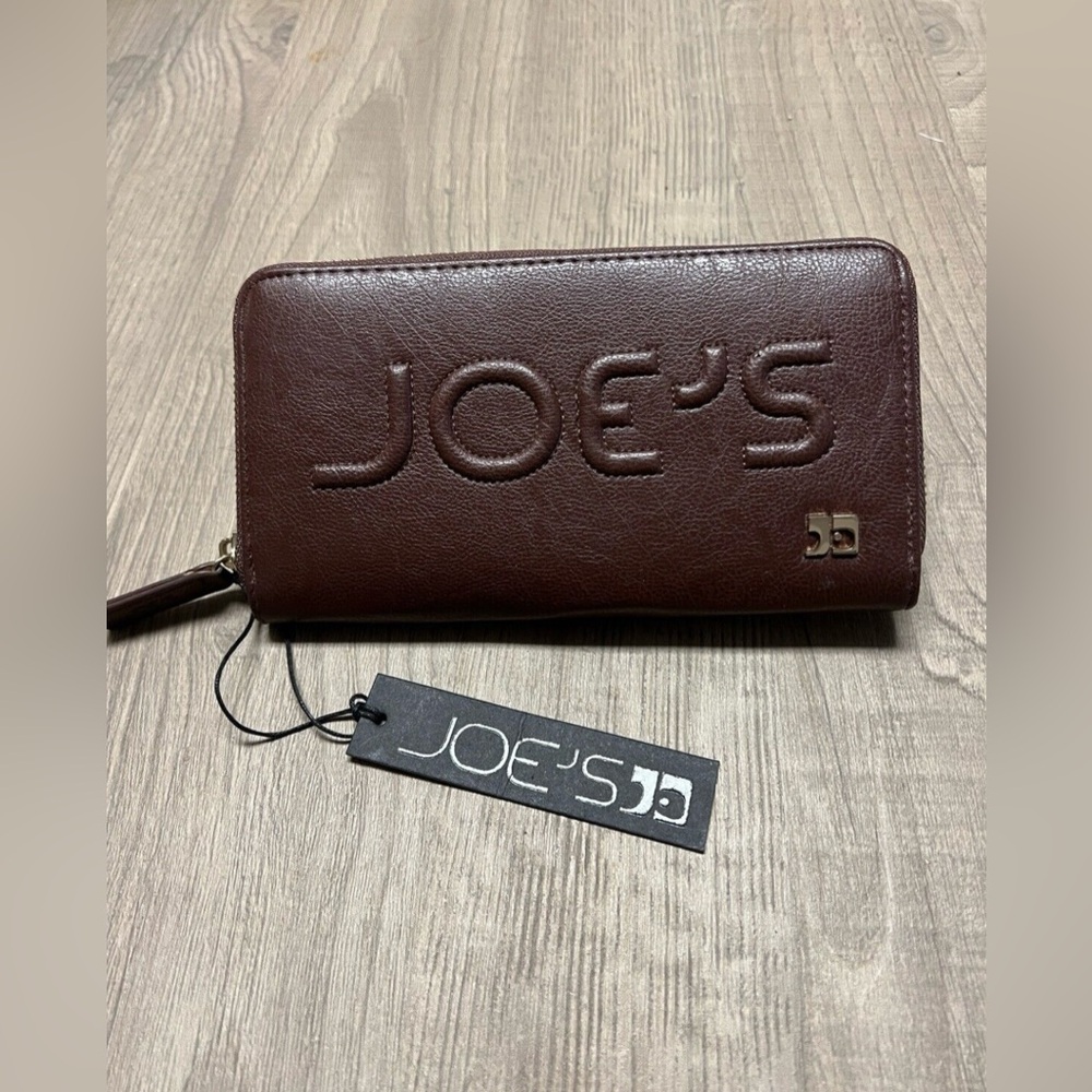 JOE'S Jeans Brown Embossed‎ Logo Leather Zip Around  Long Wallet  Clutch